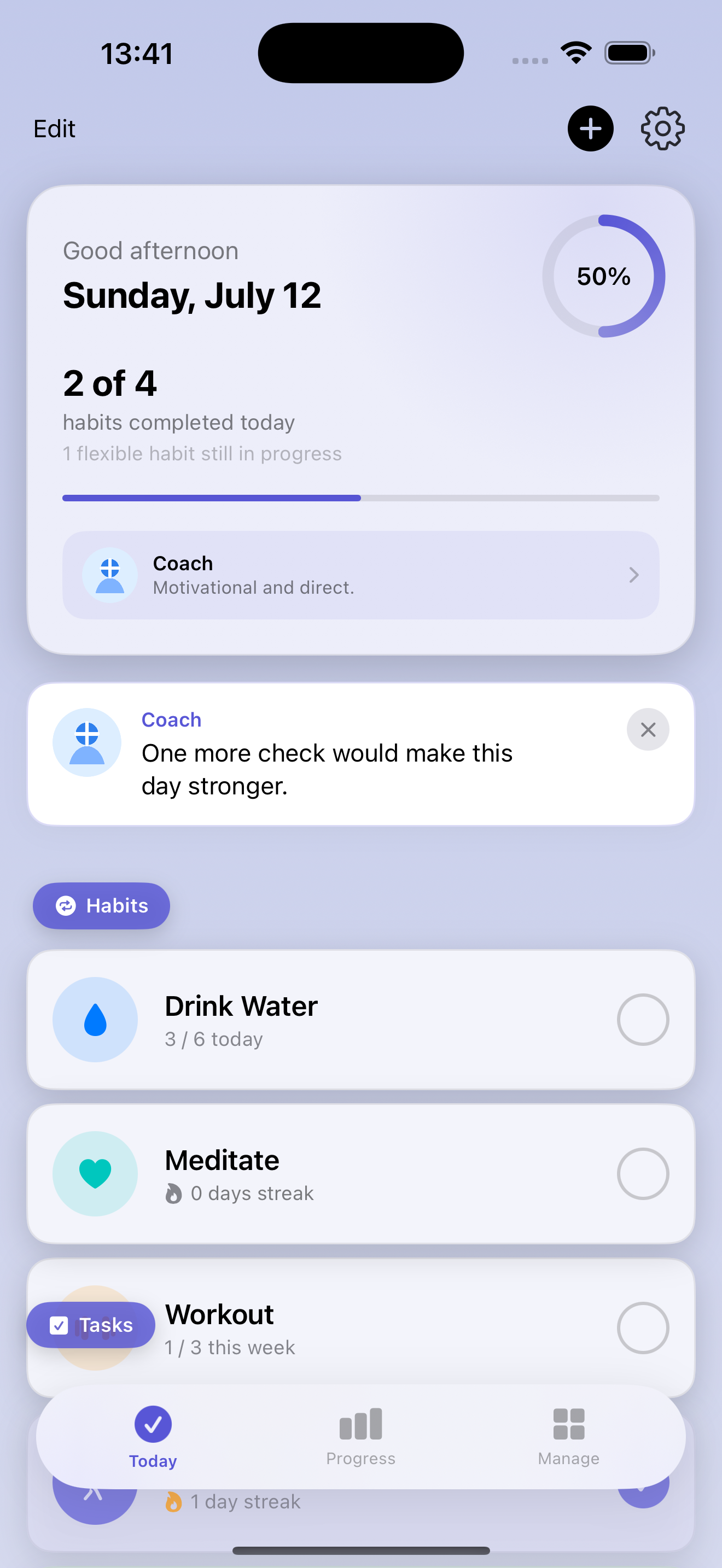 SteadKeep Today screen showing a daily progress ring, a Coach message, and habit cards for drinking water, meditation, and working out.