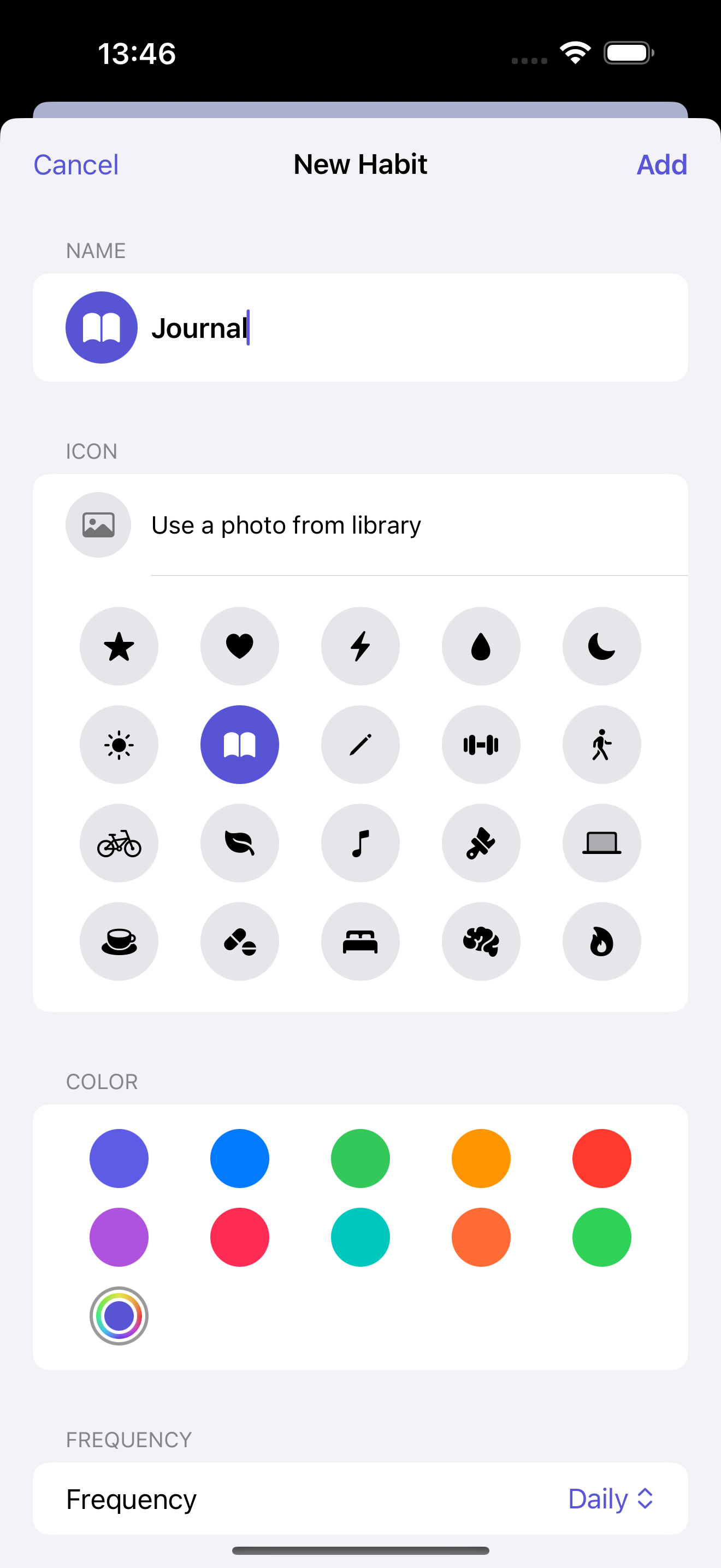 New Habit screen in SteadKeep with a journal habit, icon choices, color choices, and frequency settings.