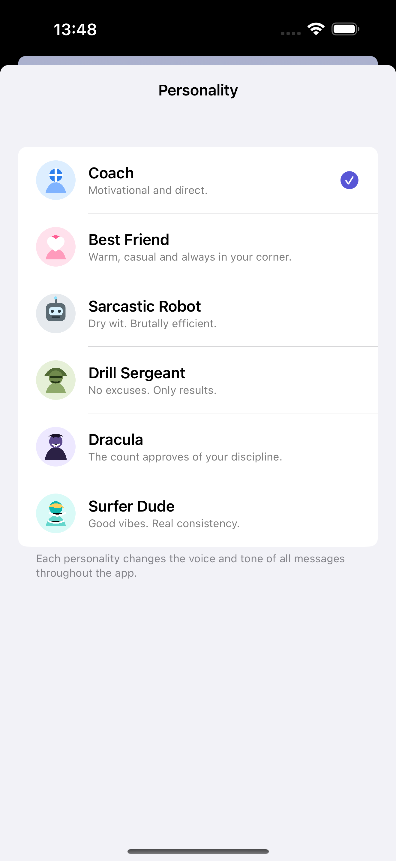 SteadKeep Personality screen listing Coach, Best Friend, Sarcastic Robot, Drill Sergeant, Dracula, and Surfer Dude.