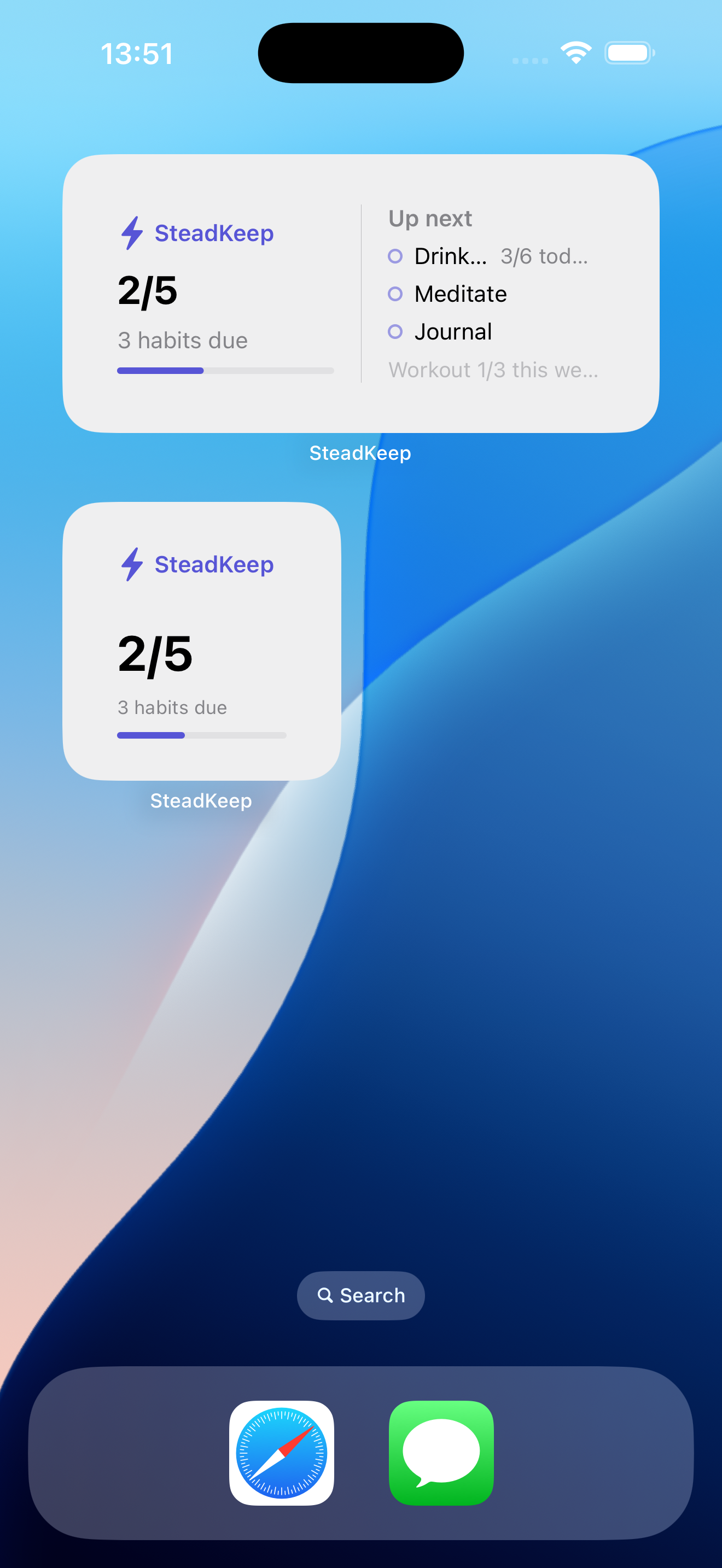 An iPhone Home Screen showing SteadKeep small and medium widgets with two of five habits complete and three habits due.