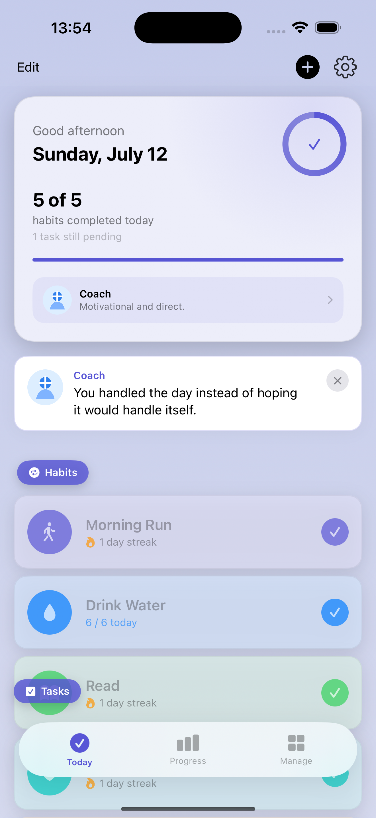 SteadKeep Today screen with five of five habits completed and a Coach message recognizing the completed day.